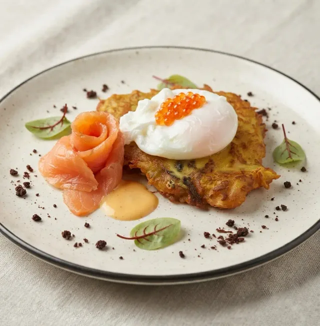 Драники с семгой и яйцом пашот